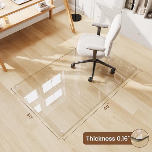 30"x48" Tempered Glass Chair Mat for Carpet | Tempered Glass, Round Corner, Desk Floor Mat for Office Chair/Rolling Chair/Hardwood Floor, 6 Anti-Slip Pads