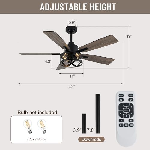52" farmhouse ceiling fan with lights and remote, front angle view
