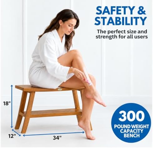 EcoDecors Satori 34-Inch Natural Teak Shower Bench, Waterproof