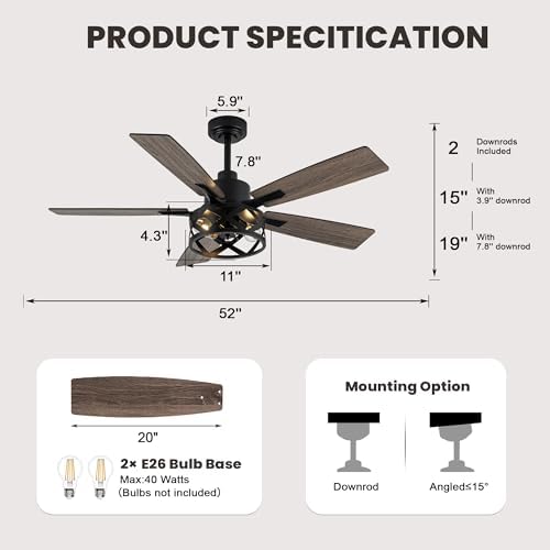 dawn whisper 52 inch black farmhouse ceiling fans, front angle view