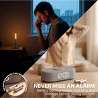 fabric digital alarm clock for bedroom, wireless charging on a desk or shelf