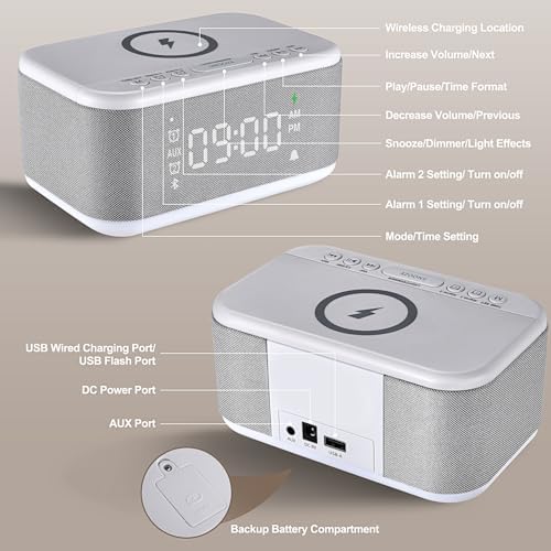 alarm clock speaker wireless charger, digital alarm clocks, front angle view