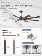 zmishibo 62” farmhouse ceiling fan with light, remote, package contents