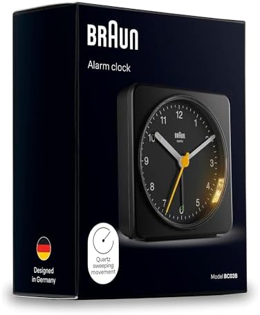 braun classic analogue alarm clock with snooze and, front angle view