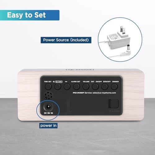 peakeep wooden digital alarm clock large display, textured on a desk or shelf