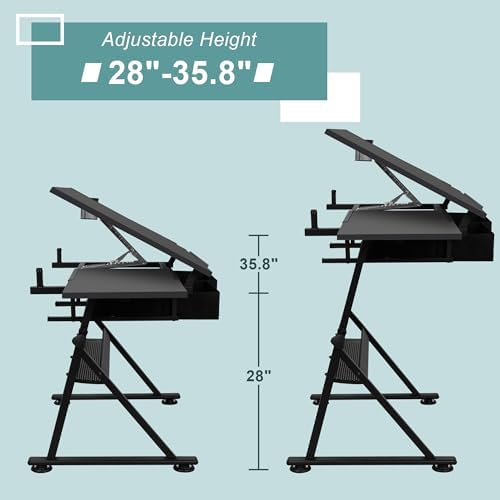 zeny adjustable drafting table with stool tilting drawing, close-up detail