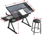 Glass Drafting Table Art Desk – Adjustable Professhional Artwork Drawing Drafting Table Desk, Glass-Topped Art Table for Craft Station Studio Home Office School w/Drawers (Black)