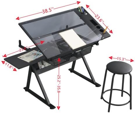 Glass Drafting Table Art Desk – Adjustable Professhional Artwork Drawing Drafting Table Desk, Glass-Topped Art Table for Craft Station Studio Home Office School w/Drawers (Black)