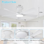 depuley modern ceiling fan with light: 42-inch white showing dimensions