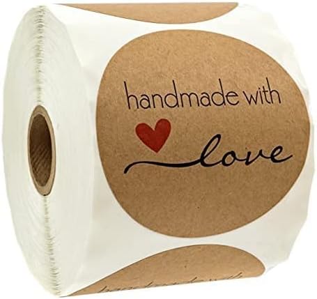 3" Round Brown Kraft Handmade with Love Stickers / 500 Crafting Canning Labels Roll/Homemade Handmade DIY Project Label/Made in The USA