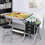 yaheetech drafting table with storage & stool, adjustable shown in use