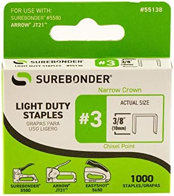 Surebonder 55138 Light Duty 3/8-Inch Leg Length, .441-Inch Crown Staples, Arrow JT21 Type, 1000 Count