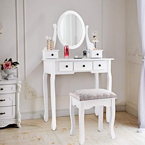 GIANTEX Girl Vanity Set with 5 Drawers, Makeup Dressing Table with Cushioned ...