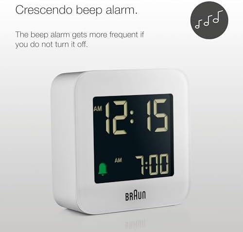 braun digital travel alarm clock with snooze, compact shown in use