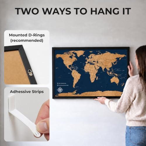 Large Push Pin World Travel Map – 30" x 20" Framed Cork Board Wall ...