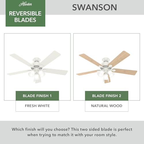 hunter swanson, indoor, ceiling fan, with led lights showing dimensions