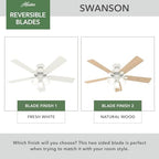 hunter swanson, indoor, ceiling fan, with led lights showing dimensions