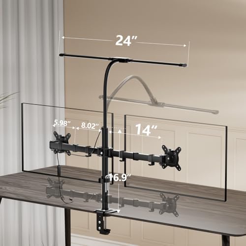 dual monitor stand with led desk lamp,dual monitor on a desk or shelf