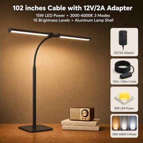 24-inch double head led desk lamp with base on a desk or shelf