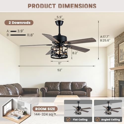 52" farmhouse ceiling fan with light and remote showing dimensions