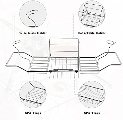 BDL Expandable Bathtub Caddy Tray with Wine Holder & Reading Rack,Silver