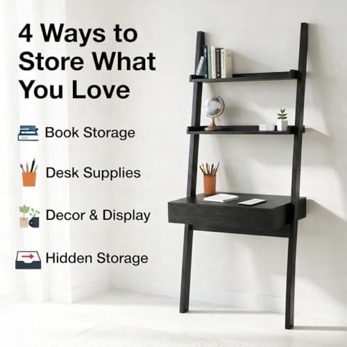 Home Office Desk with Ladder Shelf & Drawer, Computer Writing Desk with S...