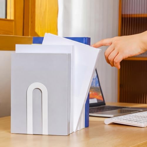 4 Pcs Metal Book Ends, Minimalist White, 5.5 * 3.75 * 2.25inch | Decorative Bookends for Shelves, Stackable Organizer for Home Office, Geometric Design Holds Books Upright, Dorm Decor