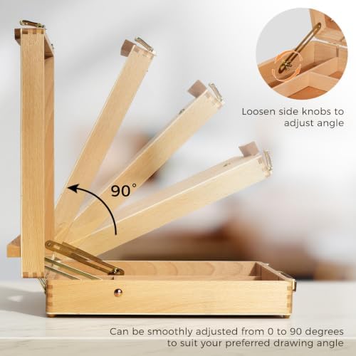wooden tabletop easel, adjustable sketch box easel with showing dimensions