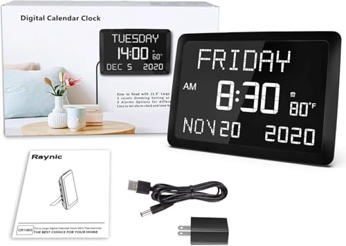 raynic digital clock, 11.5" large display calendar clock on a desk or shelf