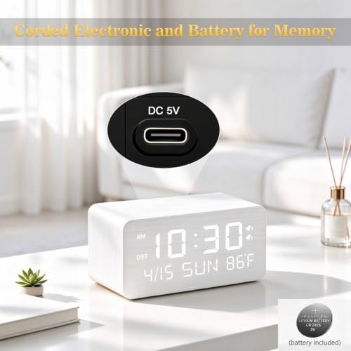 premium white wooden digital alarm clock with wireless shown in use