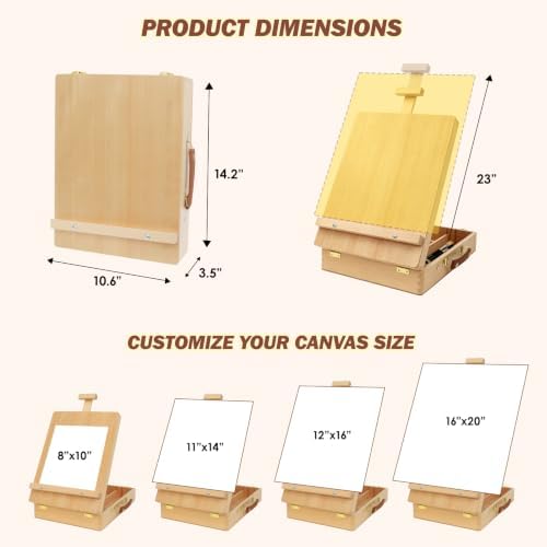 tabletop easel for painting, adjustable beechwood sketchbox, portable showing dimensions