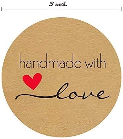 3" Round Brown Kraft Handmade with Love Stickers / 500 Crafting Canning Labels Roll/Homemade Handmade DIY Project Label/Made in The USA