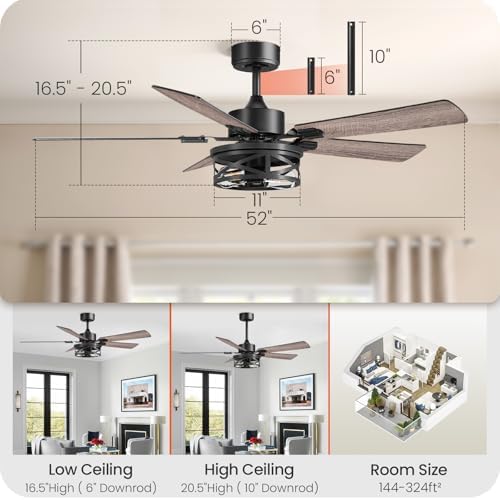 52 inch farmhouse ceiling fan with lights and shown in use