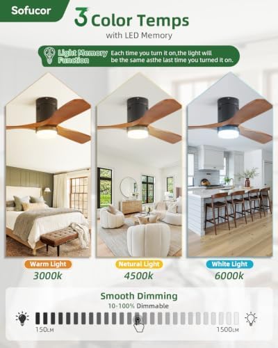 sofucor 52 inch wood ceiling fans with lights, close-up detail