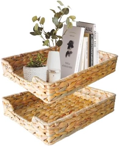 2 Pcs A4 File Tray, Natural Water Hyacinth Desk Basket, Wicker Paper Tray Fil...