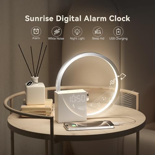 vivilumens sunrise digital alarm clock, white noise sound shown in use
