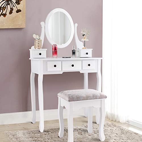GIANTEX Girl Vanity Set with 5 Drawers, Makeup Dressing Table with Cushioned ...