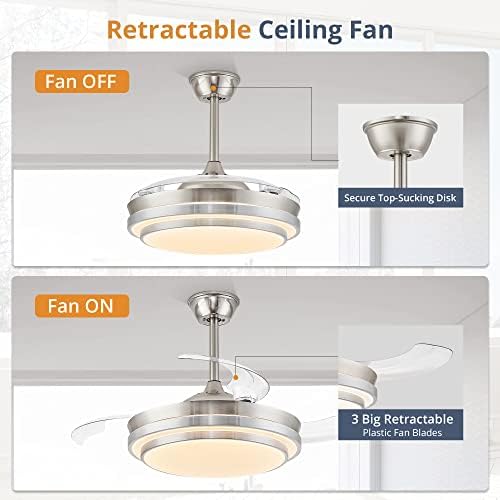 lediary 42 inch retractable ceiling fans with lights, side view