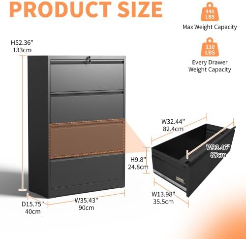 4-Drawer Office File Cabinet, Home Desk Organizer, Lateral File Cabinet with Lock – Heavy-Duty Metal, Filing Cabinet for Home Office, Wide Storage for Letter/Legal/A4/F4, Full-Extension Quiet Slides
