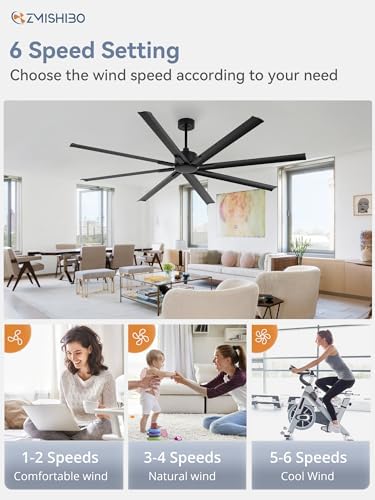 zmishibo 84 inch heavy-duty ceiling fan without light showing dimensions