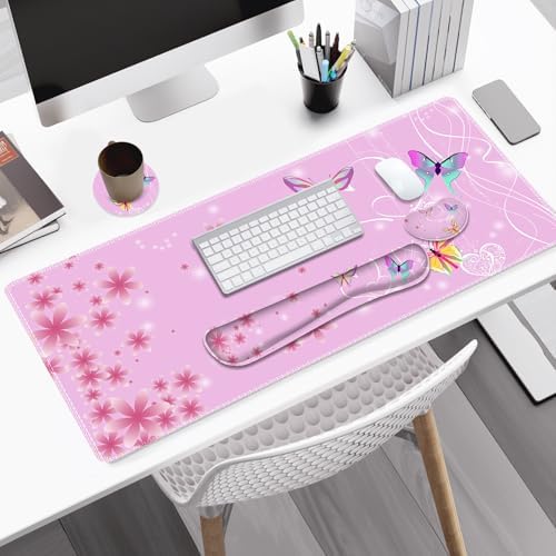 Pink Butterfly Desk Mat, Florals 4 in1 Large Gaming Mouse Pad Set, Ergonomics Keyboard Pad with Memory Foam Wrist Rest, Extended Game Mousepad Non-Slip Desk Protector Matt Easy Typing Pain Relief