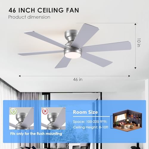 asyko 46" silver 6-blade modern low profile ceiling, side view