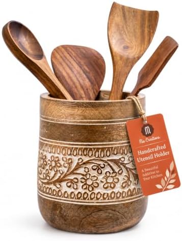 Mie Creations Farmhouse 7'' Large Wooden Utensil Holder, White Floral