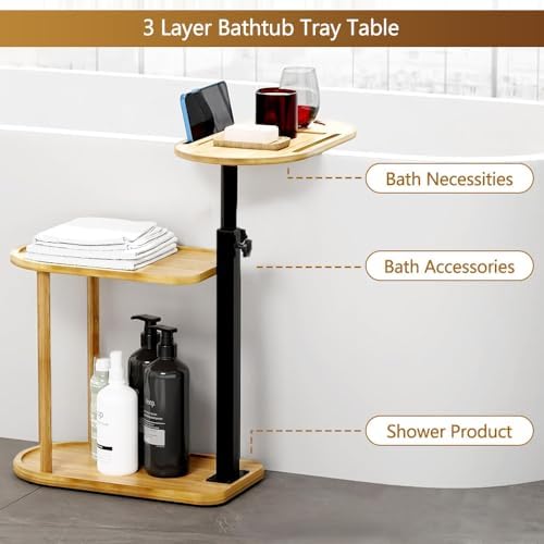 3 Layer Bathtub Tray Table,Bamboo Swivel Bathtub Side Table Height Adjustable...