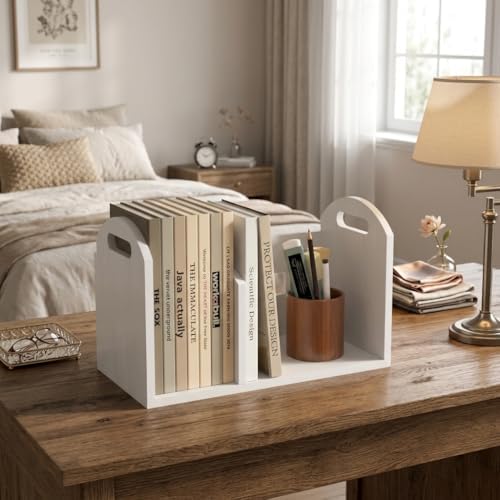 Wood Desktop Bookshelf, Upright Tabletop Book Shelf With Adjustable Divider S...