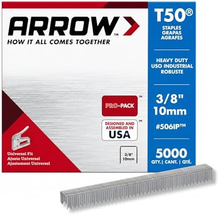 Arrow Fastener 506IP Heavy Duty T50 Staples for Upholstery, Construction, Furniture, Crafts, 3/8-Inch Leg Length, 3/8-Inch Crown Size, 5000 Pieces ( Pack of 1) | Heavy Duty, For Upholstery, Construction, Furniture, Crafts, Fit Arrow T50 Staple Guns
