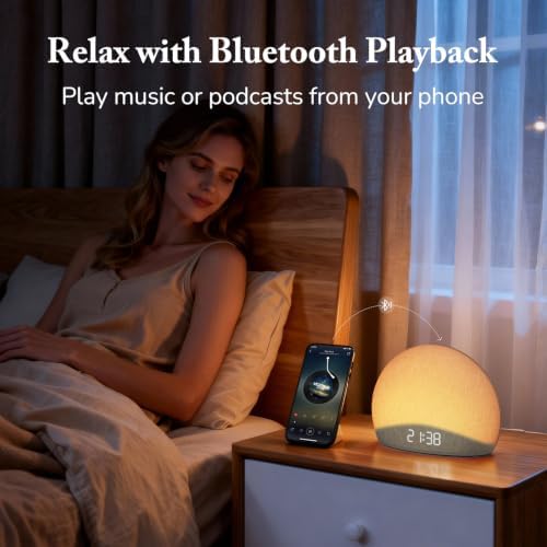 housbay sunrise alarm clock with bluetooth speaker & showing dimensions
