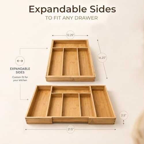 Expandable Bamboo Drawer Organizer for Kitchen Utensils, Adjustable Silverwar...