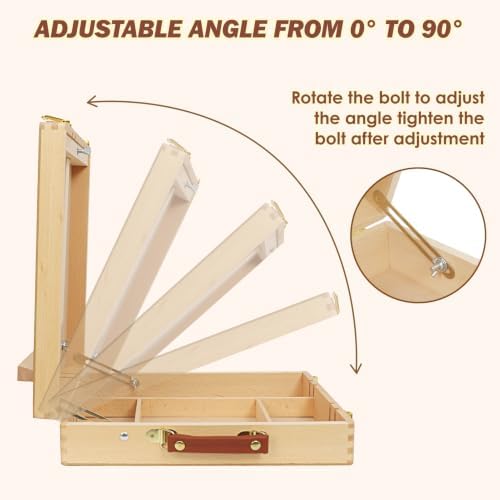 tabletop easel for painting, adjustable beechwood sketchbox, portable, side view