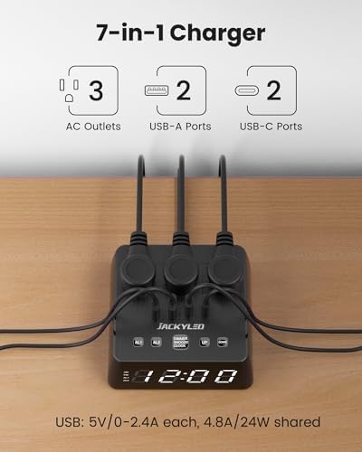 jackyled alarm clock with 4 usb chargers, power, package contents
